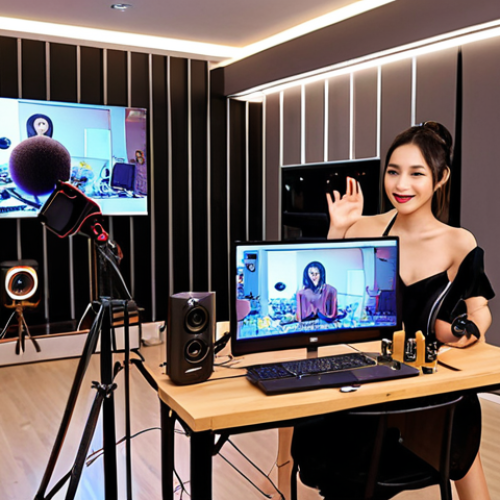 Home 11 **
"Professional livestream setup, camera, microphone, lights, mixer, modern studio apartment, Vietnamese model happy, promoting product, dynamic composition."
**