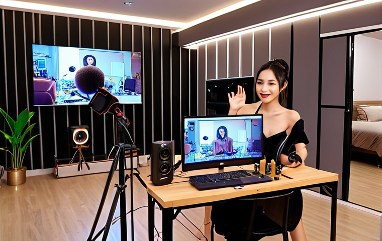 **

"Professional livestream setup, camera, microphone, lights, mixer, modern studio apartment, Vietnamese model happy, promoting product, dynamic composition."

**