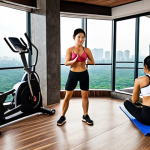 **Prompt 1: Diverse Personal Training Ecosystem in Vietnam**
    A dynamic, high-resolution composite image showcasing the diverse landscape of personal training in Vietnam. On one side, depict a luxurious, modern fitness center with large glass windows overlooking a bustling Vietnamese city skyline (e.g., Ho Chi Minh City or Hanoi), where a professional Vietnamese personal trainer in sleek activewear is guiding a client through a complex strength exercise on cutting-edge equipment. On another side, illustrate a more local, perhaps slightly rustic but clean, community gym or a vibrant public park, where a Vietnamese personal trainer is energetically leading a small group (3-5 people, diverse ages/genders) through an outdoor functional training session. Incorporate a third element showing a person at home, intently focused on a laptop or tablet screen, participating in an online personal training session, with minimalistic home workout gear around them. The overall image should convey professionalism, variety in training environments, and the blend of traditional and modern fitness trends, with natural lighting and a clean, inspiring aesthetic.