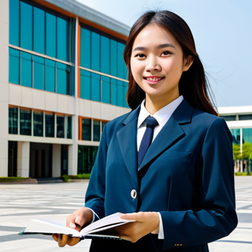 Home 22 A vibrant, sunny scene depicting a young Vietnamese female student, in her early twenties, exuding optimism and determination. She stands gracefully in a modern university campus quad, surrounded by sleek, contemporary buildings with subtle architectural elements hinting at an Asian aesthetic. She is fully clothed in a modest, smart casual outfit consisting of a tailored blouse and comfortable trousers, holding an open textbook in her hands. The atmosphere is bright and inspiring, emphasizing accessible and high-quality global learning opportunities. perfect anatomy, correct proportions, natural pose, well-formed hands, proper finger count, natural body proportions, safe for work, appropriate content, fully clothed, professional, modest, family-friendly.