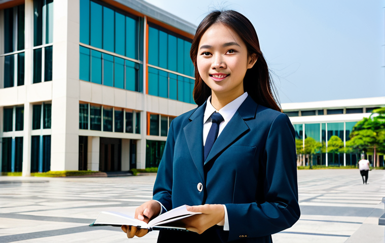 A vibrant, sunny scene depicting a young Vietnamese female student, in her early twenties, exuding optimism and determination. She stands gracefully in a modern university campus quad, surrounded by sleek, contemporary buildings with subtle architectural elements hinting at an Asian aesthetic. She is fully clothed in a modest, smart casual outfit consisting of a tailored blouse and comfortable trousers, holding an open textbook in her hands. The atmosphere is bright and inspiring, emphasizing accessible and high-quality global learning opportunities. perfect anatomy, correct proportions, natural pose, well-formed hands, proper finger count, natural body proportions, safe for work, appropriate content, fully clothed, professional, modest, family-friendly.