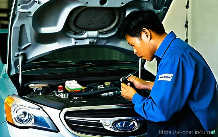 중고차 수리비용 - **Prompt:** A discerning Vietnamese individual, approximately 35-45 years old, meticulously inspecti...