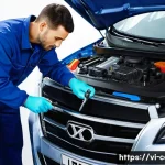 하이브리드 자동차 유지비 - **Prompt:** A clean, brightly lit professional auto repair shop. A skilled male mechanic in a neat, ...