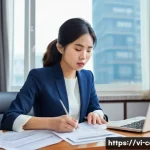 개인 대출 비용 - **Prompt:** A young Vietnamese woman in her late 20s, dressed in smart casual attire, sits at a mode...