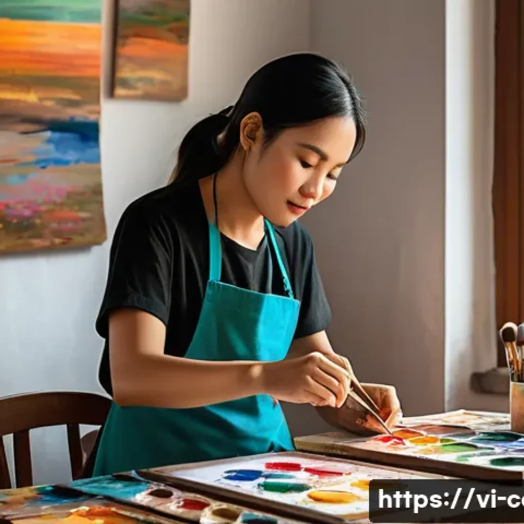취미 활동 비용 - A cozy art studio scene in a Vietnamese home, featuring a person wearing casual clothes and a light ...