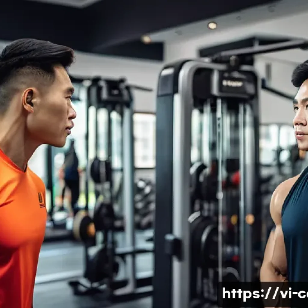 헬스 트레이너 비용 - A professional Vietnamese personal trainer with mid-30s appearance, wearing branded sportswear and a...