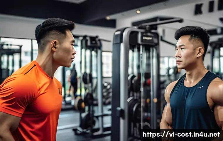 헬스 트레이너 비용 - A professional Vietnamese personal trainer with mid-30s appearance, wearing branded sportswear and a...