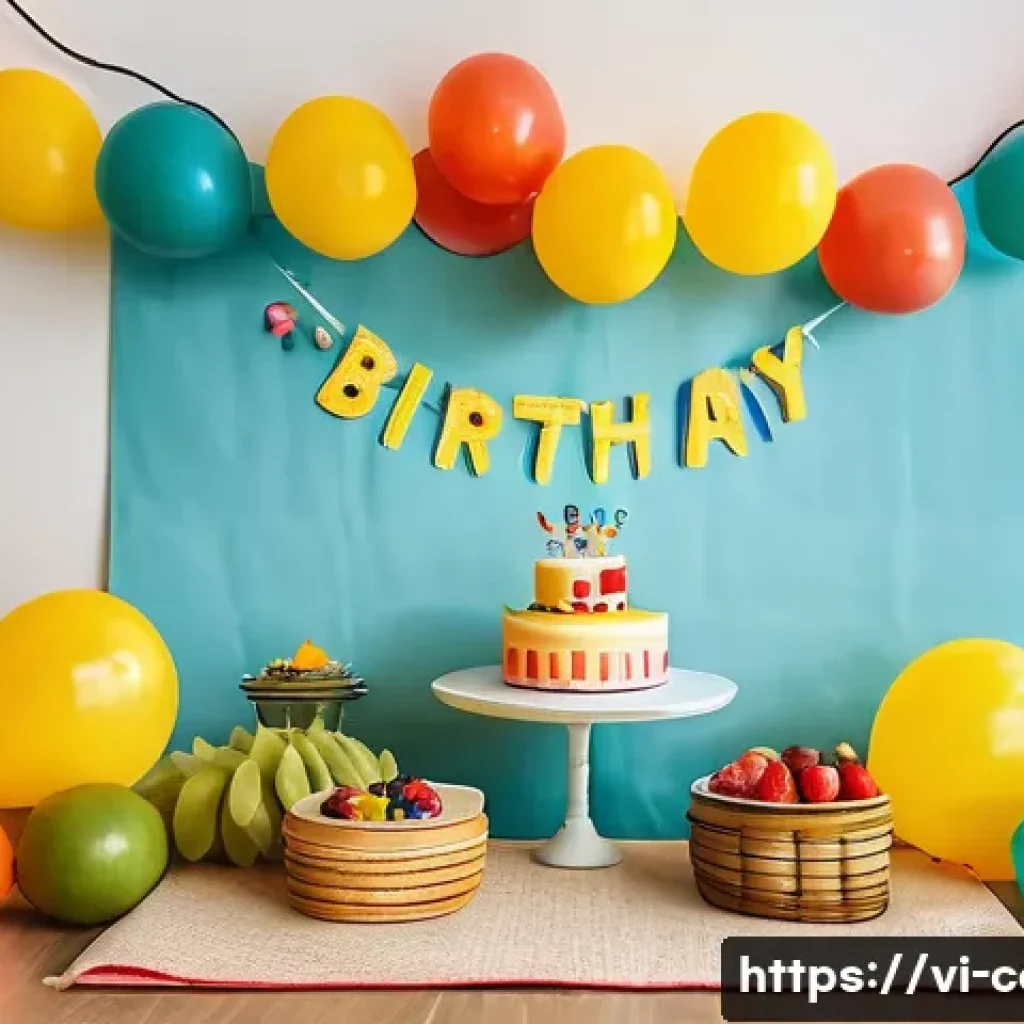 아이 돌잔치 비용 - A cozy and colorful indoor birthday party setup for a young Vietnamese child, featuring vibrant ball...