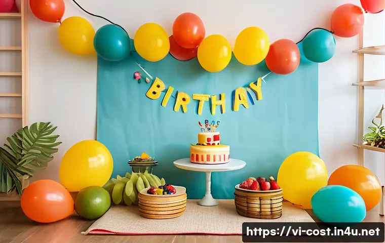 아이 돌잔치 비용 - A cozy and colorful indoor birthday party setup for a young Vietnamese child, featuring vibrant ball...