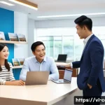 중고차 매매 수수료 - A professional Vietnamese car dealership office scene in Hanoi, showing a friendly middle-aged male ...