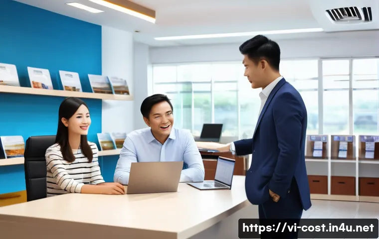 중고차 매매 수수료 - A professional Vietnamese car dealership office scene in Hanoi, showing a friendly middle-aged male ...