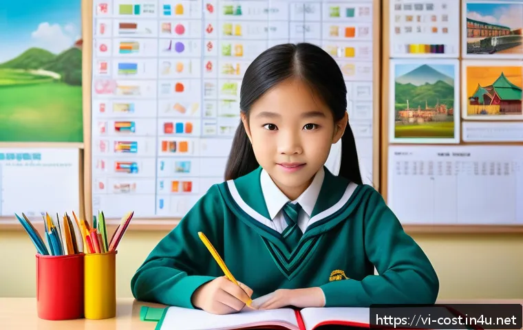 초등학교 학용품비 - A colorful and well-organized study desk setup for a Vietnamese primary school child, featuring a st...