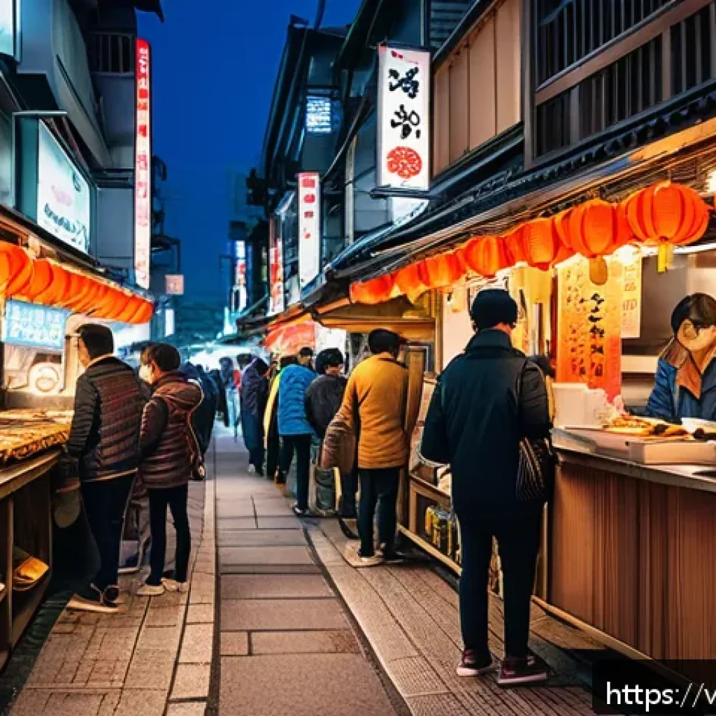 일본여행 경비 - A vibrant street food scene in Japan featuring a diverse group of travelers sampling popular dishes ...