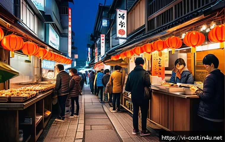 일본여행 경비 - A vibrant street food scene in Japan featuring a diverse group of travelers sampling popular dishes ...
