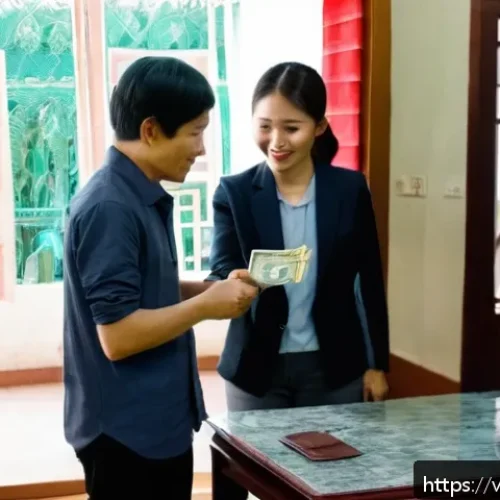 월세 보증금 - A detailed scene showing a Vietnamese tenant handing over a security deposit in cash to a landlord i...
