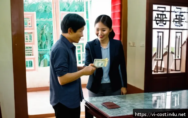 월세 보증금 - A detailed scene showing a Vietnamese tenant handing over a security deposit in cash to a landlord i...