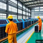 공장 운영비 - A modern Vietnamese factory interior showcasing energy-saving strategies: workers in safety uniforms...