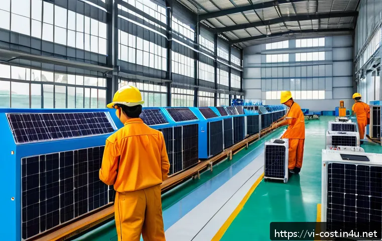 공장 운영비 - A modern Vietnamese factory interior showcasing energy-saving strategies: workers in safety uniforms...