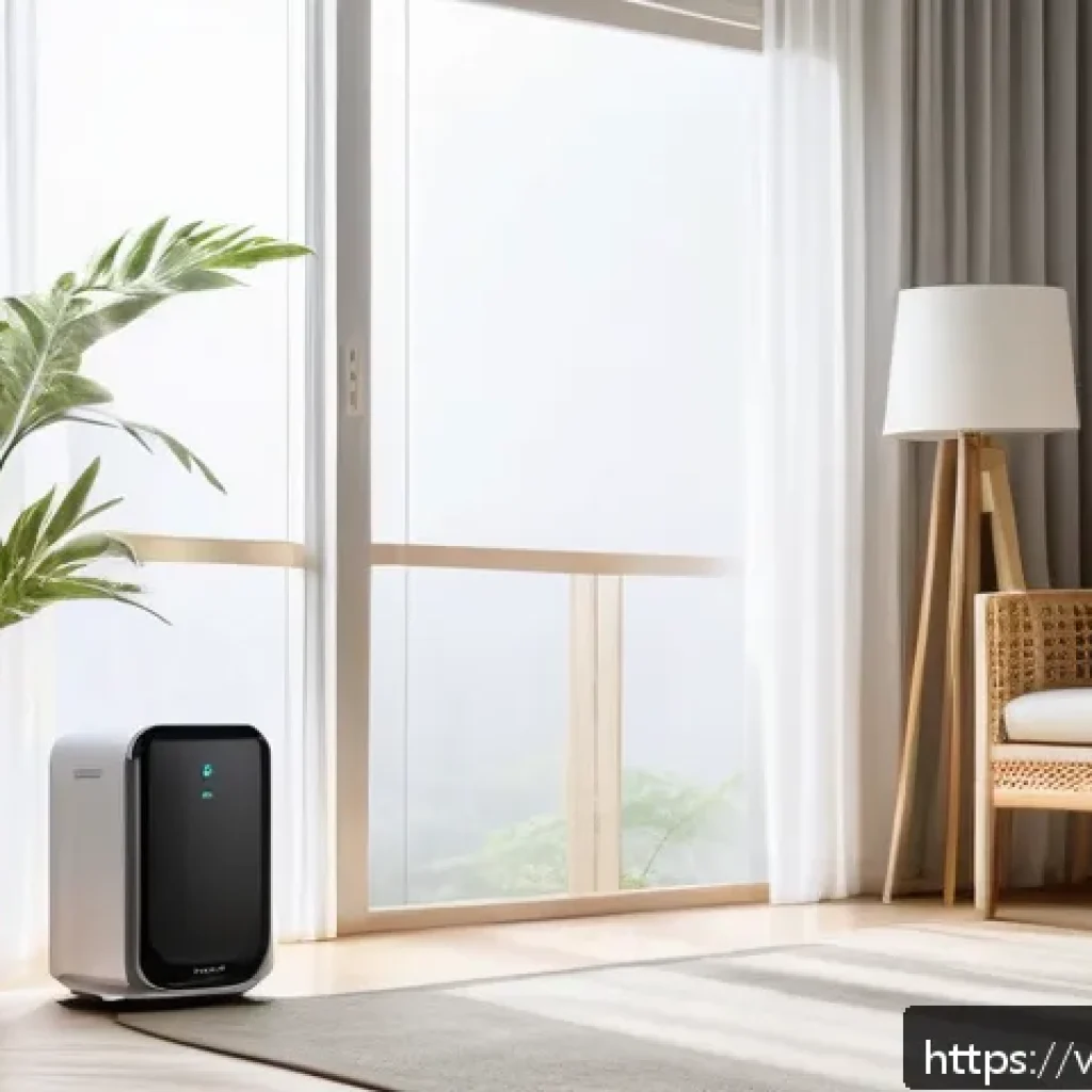 공기청정기 필터 교체비용 - A modern Vietnamese living room scene featuring a large air purifier with a visible HEPA filter repl...