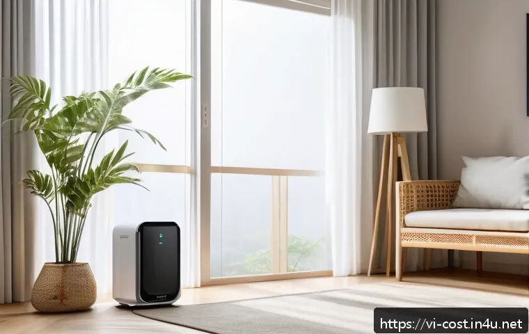 공기청정기 필터 교체비용 - A modern Vietnamese living room scene featuring a large air purifier with a visible HEPA filter repl...