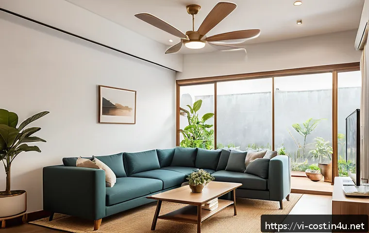 가정용 CCTV 설치비 - A modern Vietnamese family living room with a sleek wireless IP security camera mounted on the wall ...