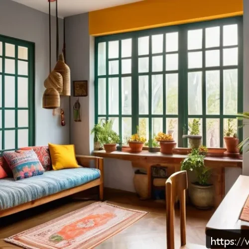 Home 17 유럽여행 숙박비 - A cozy European homestay interior in spring, featuring warm natural light streaming through large wi...