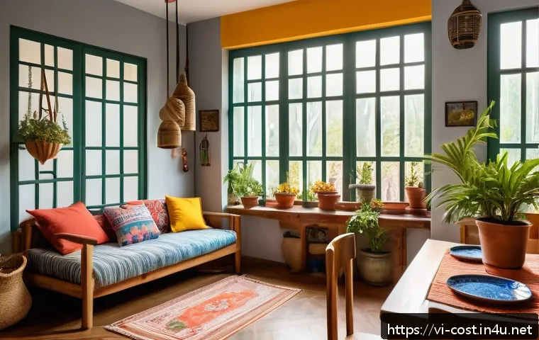 유럽여행 숙박비 - A cozy European homestay interior in spring, featuring warm natural light streaming through large wi...
