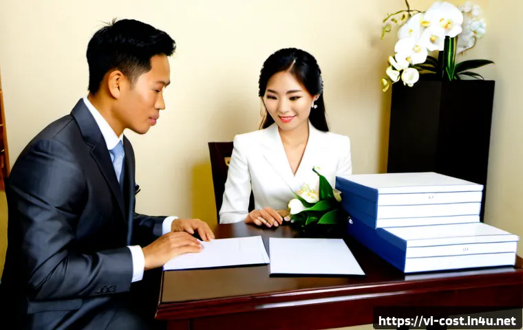 웨딩 촬영 비용 - Photorealistic Vietnamese wedding photography consultation in an elegant Ho Chi Minh City studio, yo...