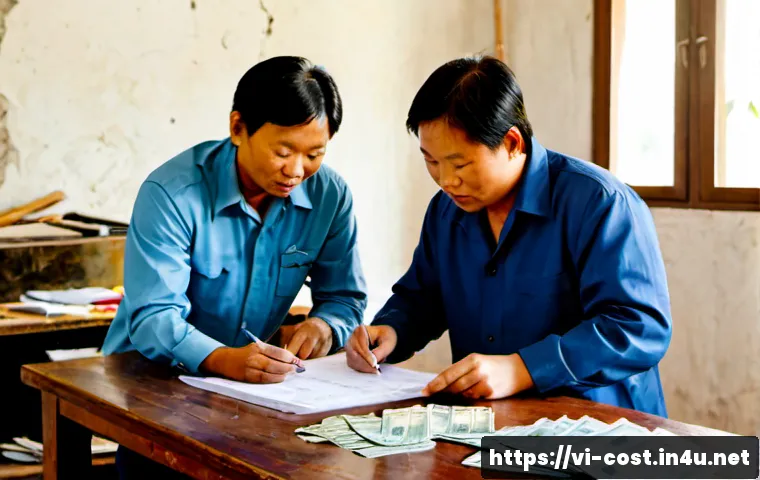 Home 17 집수리 비용 - Photorealistic Vietnamese home repair cost planning scene, middle-aged Vietnamese homeowner and loca...
