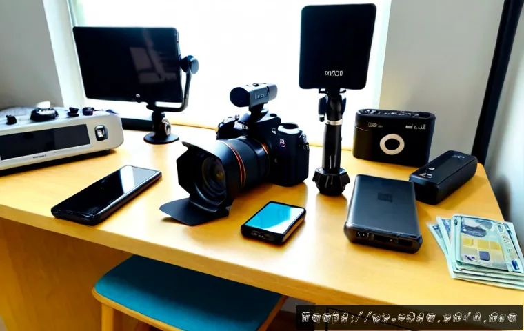 Home 17 유튜브 촬영 장비비 - Photorealistic overhead flat lay of affordable YouTube filming equipment arranged neatly on a light ...
